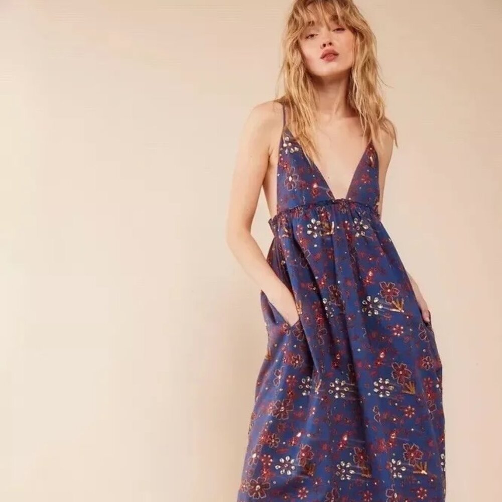 NEW Free People All the Jewels blue floral beaded maxi dress embellished